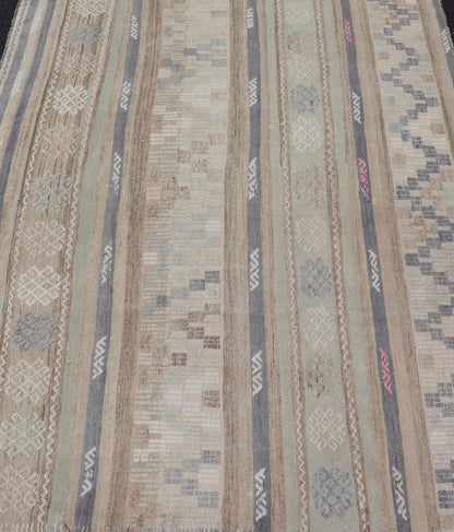 This flat - woven Kilim from Turkey features an enticing composition consisting of stripes with fascinating geometric designs rendered in natural tones of brown and gray, as well as some light green shades. Vintage Kilim with Stripes and Geometri... - Keivan Woven ArtsEN - 14668 - 23971