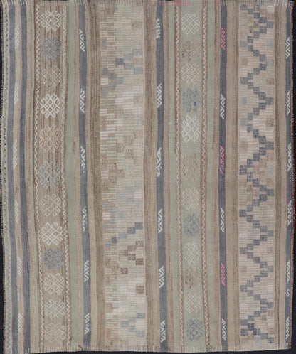 This flat - woven Kilim from Turkey features an enticing composition consisting of stripes with fascinating geometric designs rendered in natural tones of brown and gray, as well as some light green shades. Vintage Kilim with Stripes and Geometri... - Keivan Woven ArtsEN - 14668 - 23971