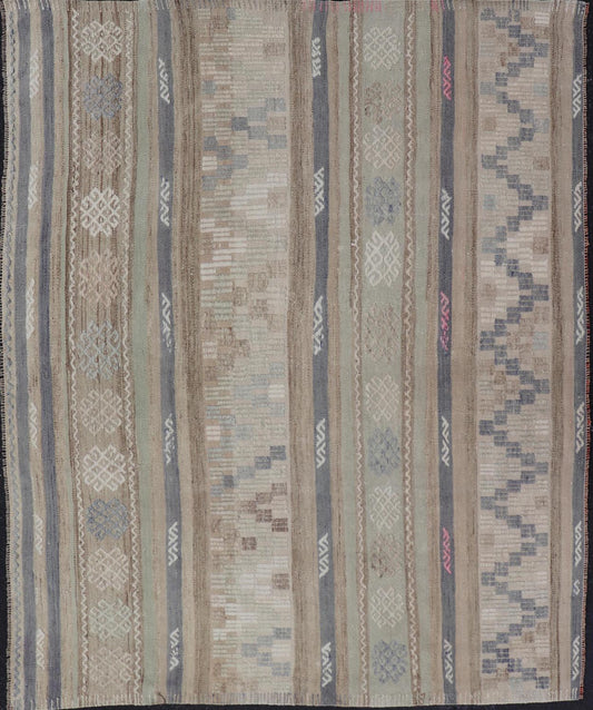 This flat - woven Kilim from Turkey features an enticing composition consisting of stripes with fascinating geometric designs rendered in natural tones of brown and gray, as well as some light green shades. Vintage Kilim with Stripes and Geometri... - Keivan Woven ArtsEN - 14668 - 23971
