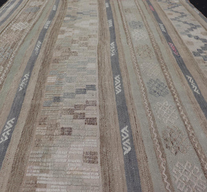 This flat - woven Kilim from Turkey features an enticing composition consisting of stripes with fascinating geometric designs rendered in natural tones of brown and gray, as well as some light green shades. Vintage Kilim with Stripes and Geometri... - Keivan Woven ArtsEN - 14668 - 23971