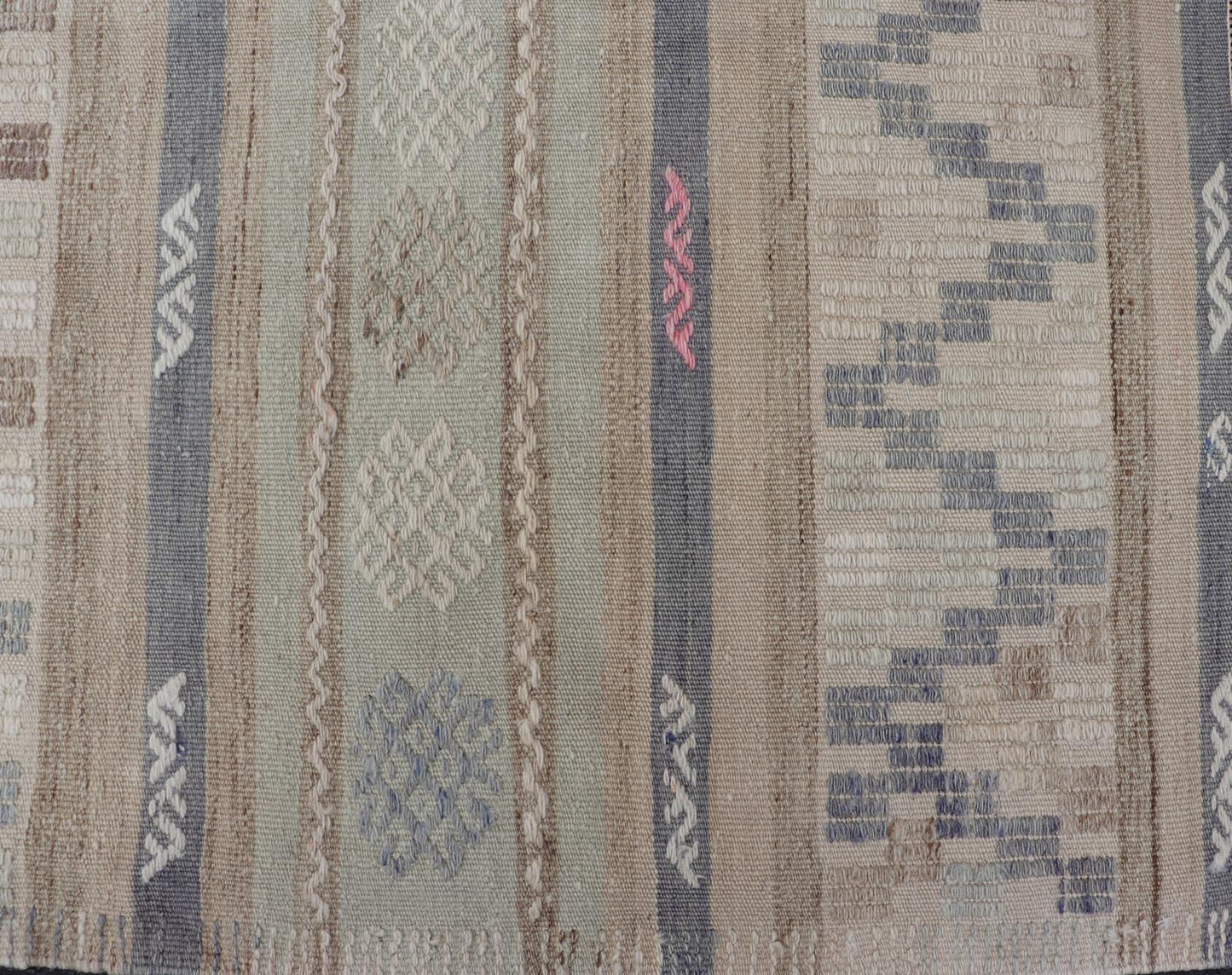 This flat - woven Kilim from Turkey features an enticing composition consisting of stripes with fascinating geometric designs rendered in natural tones of brown and gray, as well as some light green shades. Vintage Kilim with Stripes and Geometri... - Keivan Woven ArtsEN - 14668 - 23971