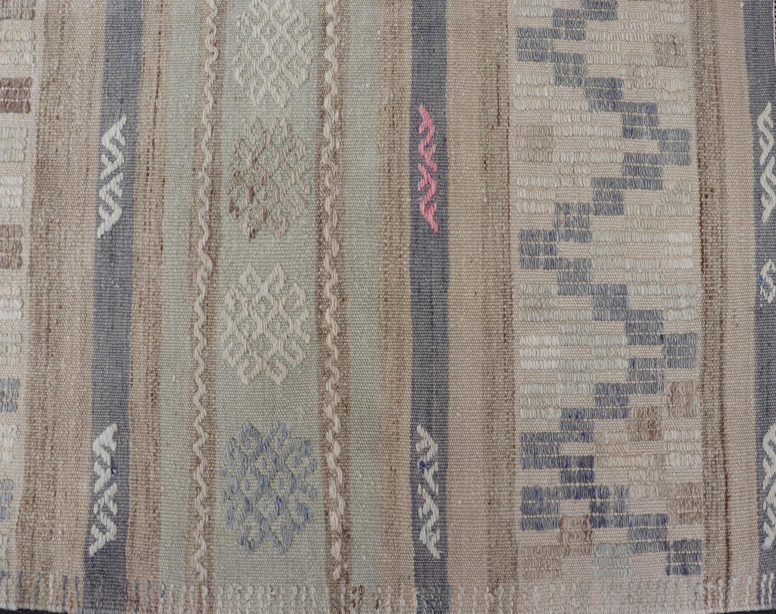 This flat - woven Kilim from Turkey features an enticing composition consisting of stripes with fascinating geometric designs rendered in natural tones of brown and gray, as well as some light green shades. Vintage Kilim with Stripes and Geometri... - Keivan Woven ArtsEN - 14668 - 23971