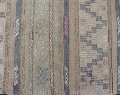 This flat - woven Kilim from Turkey features an enticing composition consisting of stripes with fascinating geometric designs rendered in natural tones of brown and gray, as well as some light green shades. Vintage Kilim with Stripes and Geometri... - Keivan Woven ArtsEN - 14668 - 23971
