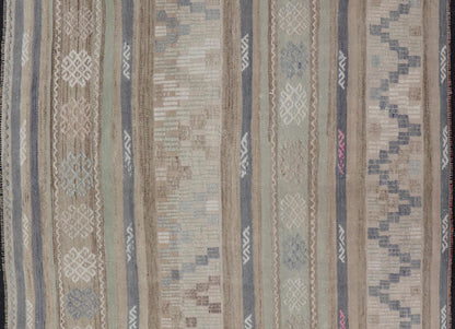 This flat - woven Kilim from Turkey features an enticing composition consisting of stripes with fascinating geometric designs rendered in natural tones of brown and gray, as well as some light green shades. Vintage Kilim with Stripes and Geometri... - Keivan Woven ArtsEN - 14668 - 23971