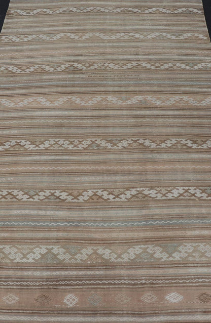 Vintage Turkish Flat - Weave Striped Kilim in Taupe, Cream, and Light Brown. Keivan Woven Arts / rug EN - 14683, country of origin / type: Turkey / Kilim, circa 1950. Measures: 5'0 x 9'4 This vintage flat - woven Kilim runner features a minimalist des... - Keivan Woven ArtsEN - 14683 - 23977Rug