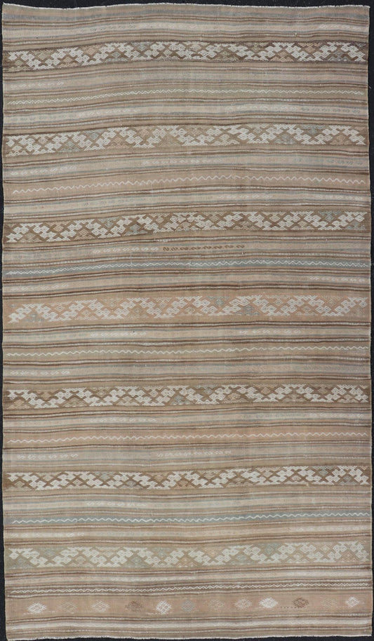 Vintage Turkish Flat - Weave Striped Kilim in Taupe, Cream, and Light Brown. Keivan Woven Arts / rug EN - 14683, country of origin / type: Turkey / Kilim, circa 1950. Measures: 5'0 x 9'4 This vintage flat - woven Kilim runner features a minimalist des... - Keivan Woven ArtsEN - 14683 - 23977Rug