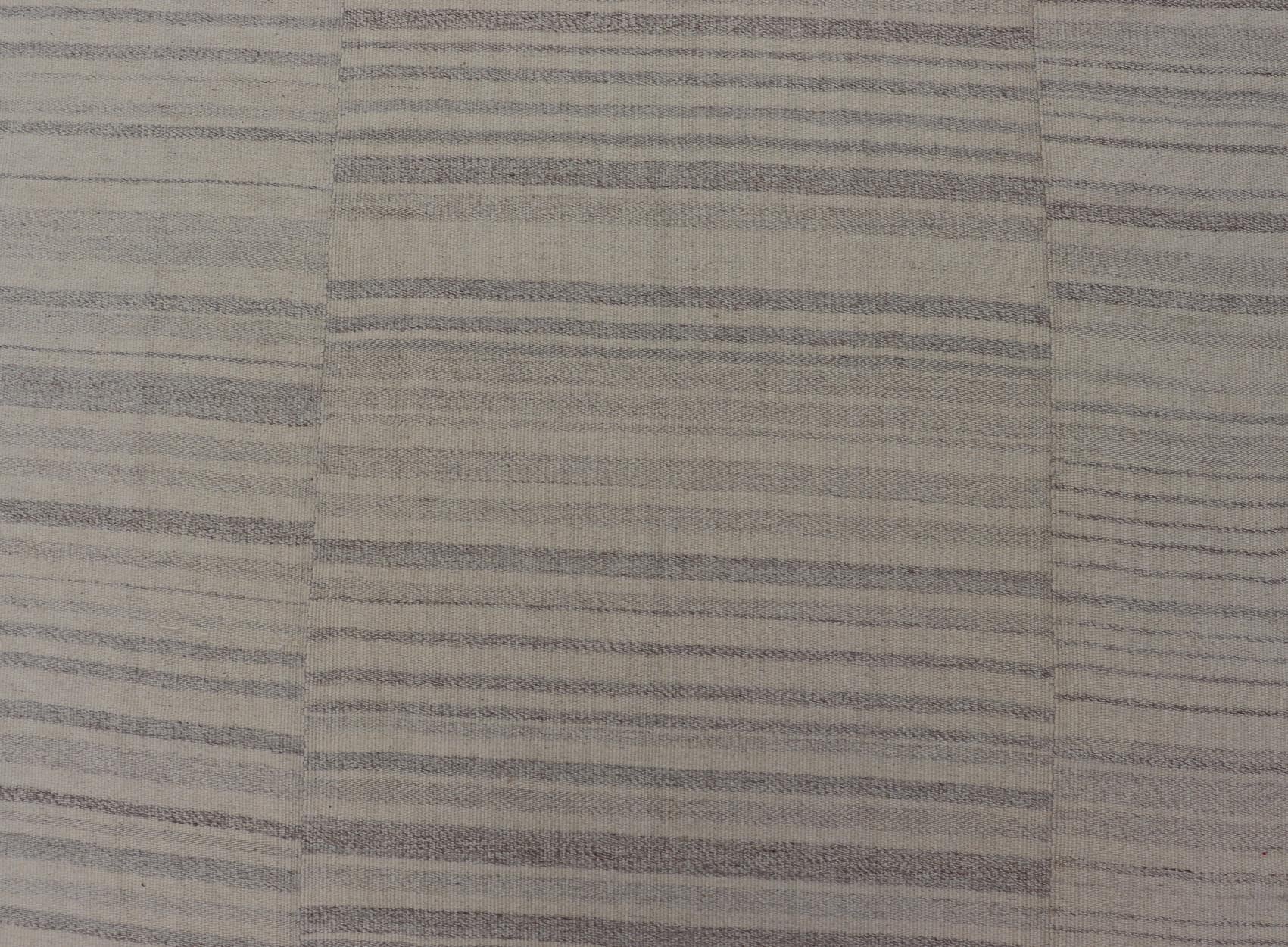 Measures: 8'3 x 11'4 Vintage Hand Woven Turkish Paneled Kilim In Off White and Light Gray. Keivan Woven Arts / rug EN - 14687 country of origin / type: Turkey / Kilim, circa mid - 20th century - Keivan Woven ArtsEN - 14687 - 21835Rug