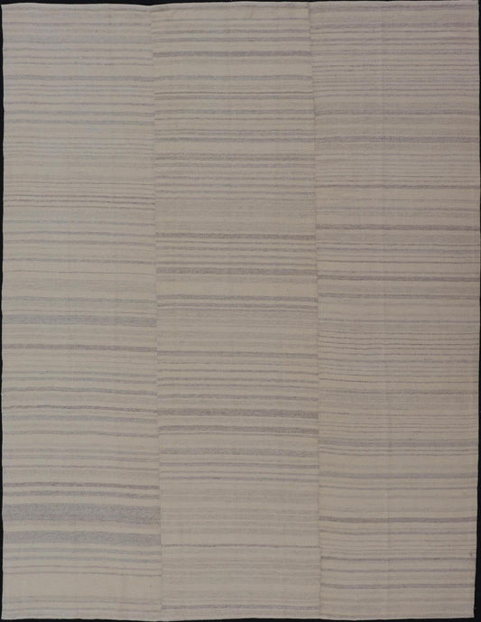 Measures: 8'3 x 11'4 Vintage Hand Woven Turkish Paneled Kilim In Off White and Light Gray. Keivan Woven Arts / rug EN - 14687 country of origin / type: Turkey / Kilim, circa mid - 20th century - Keivan Woven ArtsEN - 14687 - 21835