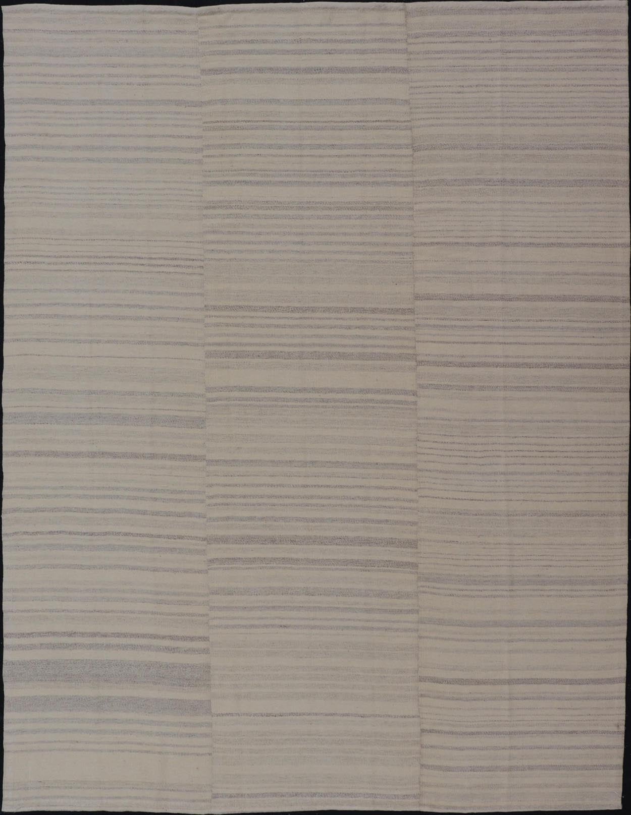 Measures: 8'3 x 11'4 Vintage Hand Woven Turkish Paneled Kilim In Off White and Light Gray. Keivan Woven Arts / rug EN - 14687 country of origin / type: Turkey / Kilim, circa mid - 20th century - Keivan Woven ArtsEN - 14687 - 21835Rug