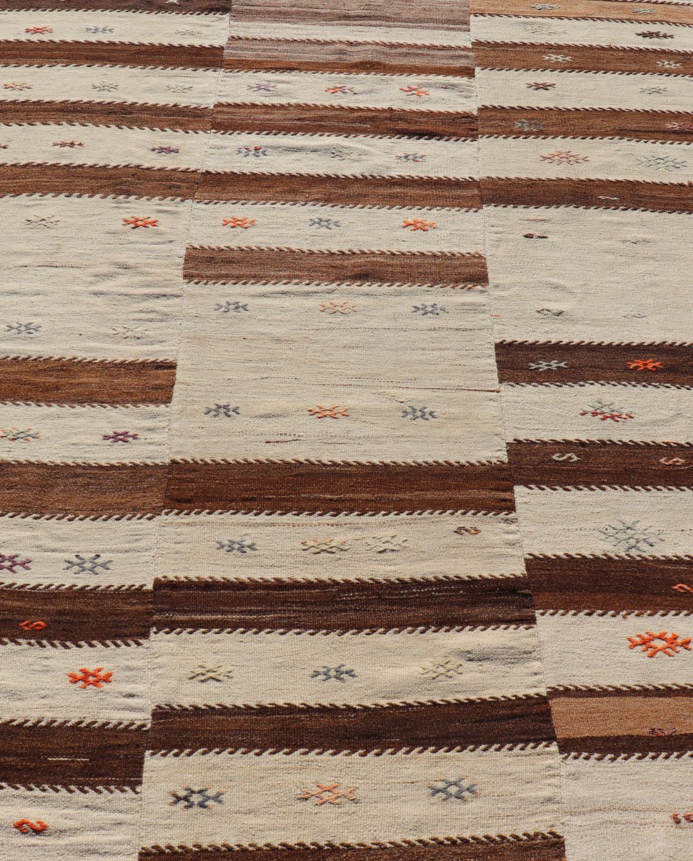 Measures: 6'0 x 7'10 Keivan Woven Arts Vintage Flat - Woven Turkish Paneled Kilim Rug in Wool with Stripe Design. Keivan Woven Arts; rug EN - 14691, country of origin / type: Turkey / Kilim, circa 1950. This flat - weave tribal Turkish kilim has b... - Keivan Woven ArtsEN - 14691 - 22968Rug