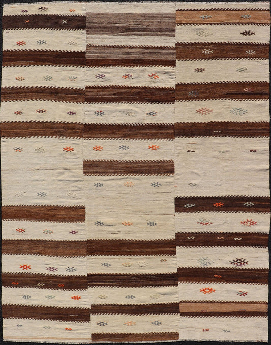 Measures: 6'0 x 7'10 Keivan Woven Arts Vintage Flat - Woven Turkish Paneled Kilim Rug in Wool with Stripe Design. Keivan Woven Arts; rug EN - 14691, country of origin / type: Turkey / Kilim, circa 1950. This flat - weave tribal Turkish kilim has b... - Keivan Woven ArtsEN - 14691 - 22968Rug