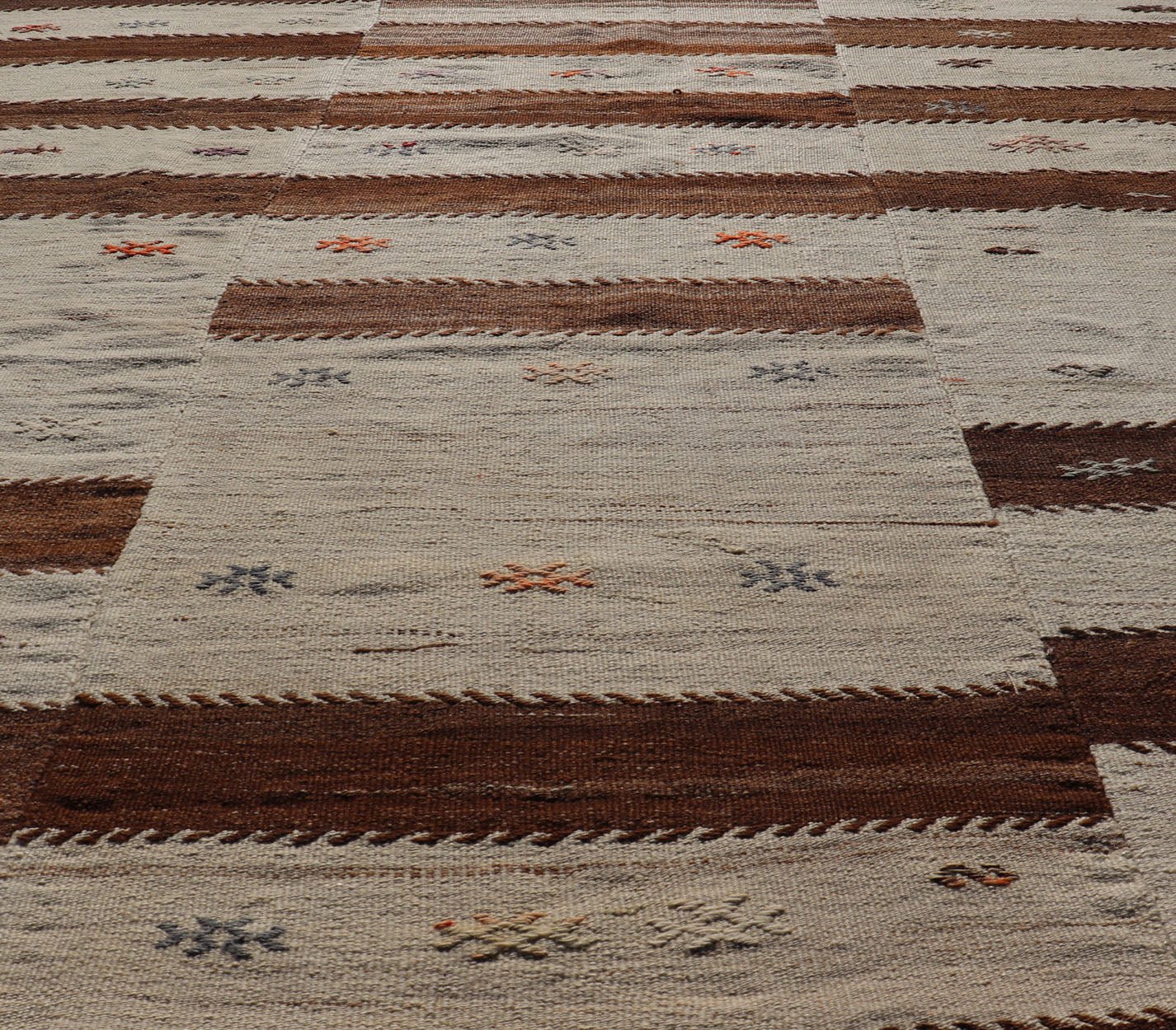 Measures: 6'0 x 7'10 Keivan Woven Arts Vintage Flat - Woven Turkish Paneled Kilim Rug in Wool with Stripe Design. Keivan Woven Arts; rug EN - 14691, country of origin / type: Turkey / Kilim, circa 1950. This flat - weave tribal Turkish kilim has b... - Keivan Woven ArtsEN - 14691 - 22968Rug