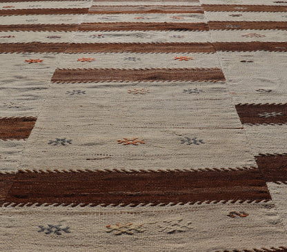 Measures: 6'0 x 7'10 Keivan Woven Arts Vintage Flat - Woven Turkish Paneled Kilim Rug in Wool with Stripe Design. Keivan Woven Arts; rug EN - 14691, country of origin / type: Turkey / Kilim, circa 1950. This flat - weave tribal Turkish kilim has b... - Keivan Woven ArtsEN - 14691 - 22968Rug