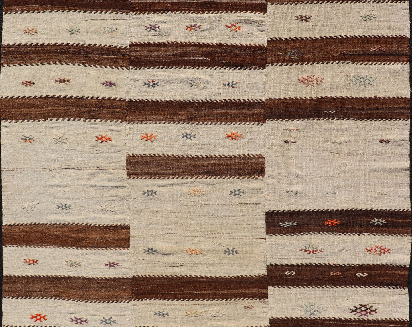Measures: 6'0 x 7'10 Keivan Woven Arts Vintage Flat - Woven Turkish Paneled Kilim Rug in Wool with Stripe Design. Keivan Woven Arts; rug EN - 14691, country of origin / type: Turkey / Kilim, circa 1950. This flat - weave tribal Turkish kilim has b... - Keivan Woven ArtsEN - 14691 - 22968Rug