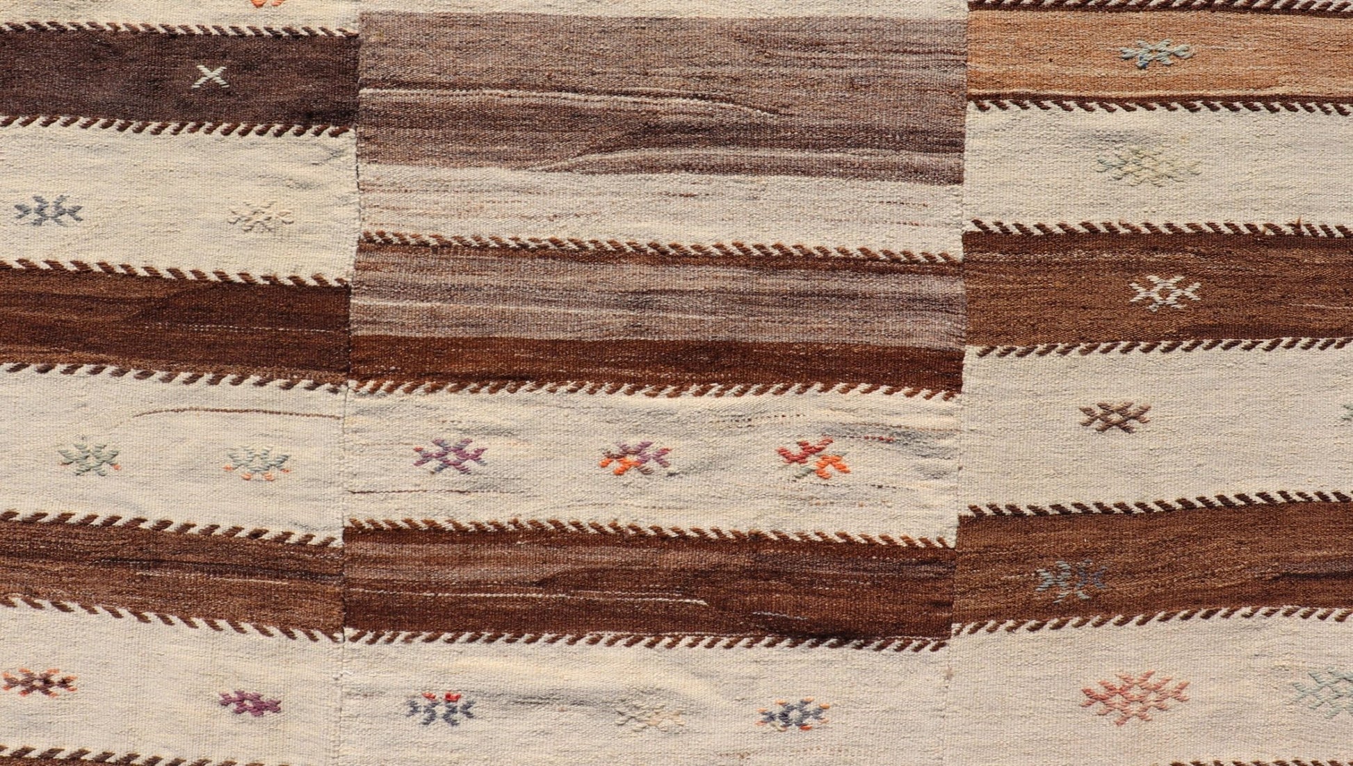 Measures: 6'0 x 7'10 Keivan Woven Arts Vintage Flat - Woven Turkish Paneled Kilim Rug in Wool with Stripe Design. Keivan Woven Arts; rug EN - 14691, country of origin / type: Turkey / Kilim, circa 1950. This flat - weave tribal Turkish kilim has b... - Keivan Woven ArtsEN - 14691 - 22968Rug