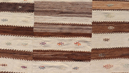 Measures: 6'0 x 7'10 Keivan Woven Arts Vintage Flat - Woven Turkish Paneled Kilim Rug in Wool with Stripe Design. Keivan Woven Arts; rug EN - 14691, country of origin / type: Turkey / Kilim, circa 1950. This flat - weave tribal Turkish kilim has b... - Keivan Woven ArtsEN - 14691 - 22968Rug