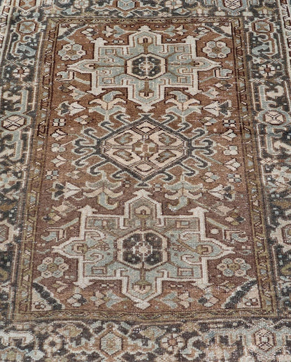 Measures: 3'8 x 4'6 Antique Persian Heriz Rug with Geometric Medallion Design in Mocha, Blue, & Tan. Keivan Woven Arts / rug EN - 14713, country of origin / type: Iran / Heriz, circa 1920 This antique Persian Heriz rug, from northwest Iran, di... - Keivan Woven ArtsEN - 14713 - 21841