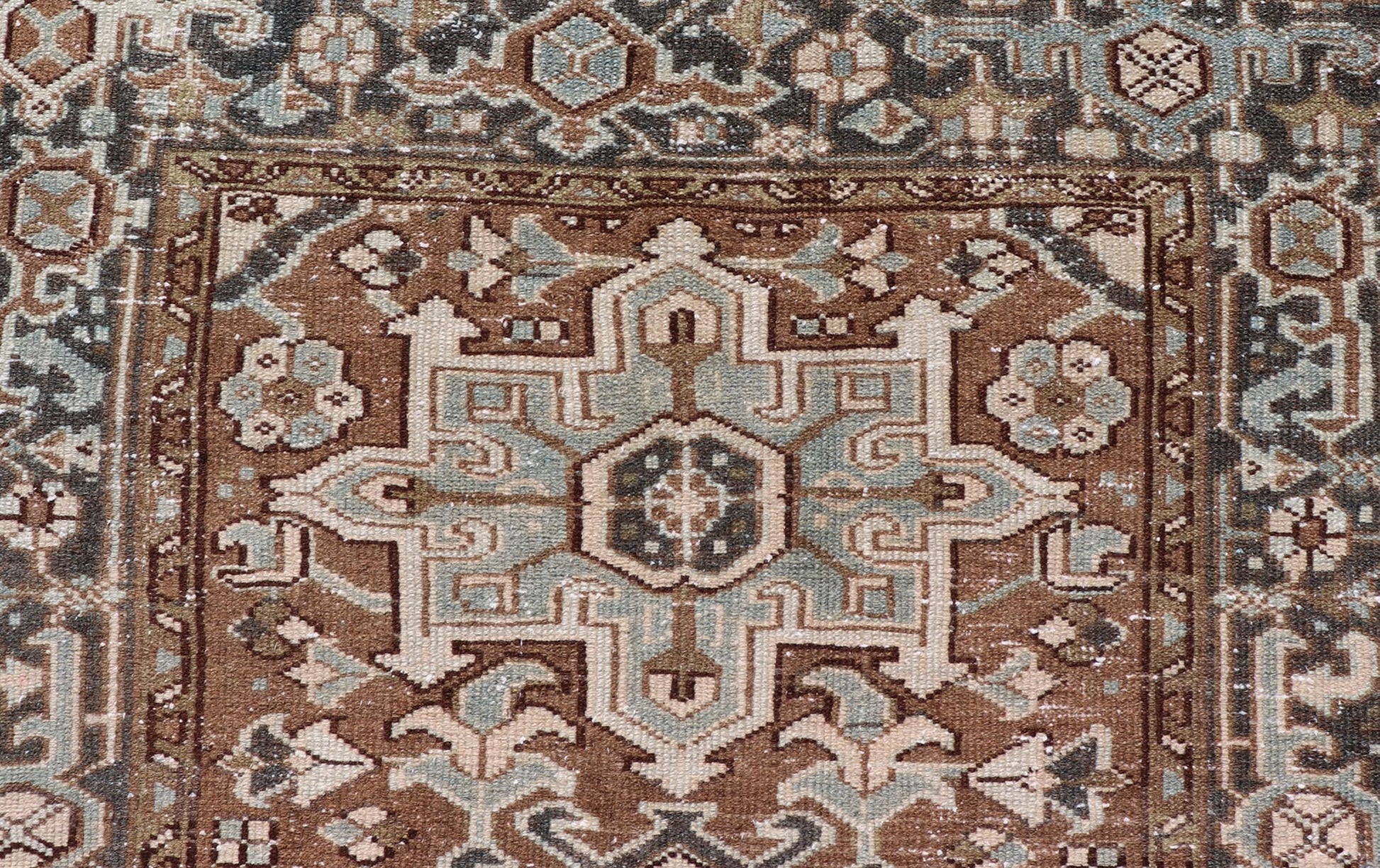 Measures: 3'8 x 4'6 Antique Persian Heriz Rug with Geometric Medallion Design in Mocha, Blue, & Tan. Keivan Woven Arts / rug EN - 14713, country of origin / type: Iran / Heriz, circa 1920 This antique Persian Heriz rug, from northwest Iran, di... - Keivan Woven ArtsEN - 14713 - 21841
