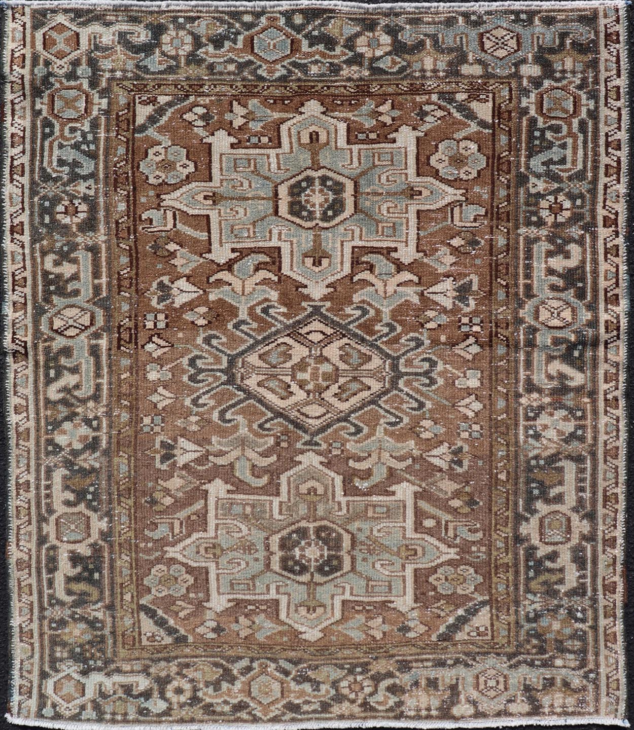 Measures: 3'8 x 4'6 Antique Persian Heriz Rug with Geometric Medallion Design in Mocha, Blue, & Tan. Keivan Woven Arts / rug EN - 14713, country of origin / type: Iran / Heriz, circa 1920 This antique Persian Heriz rug, from northwest Iran, di... - Keivan Woven ArtsEN - 14713 - 21841