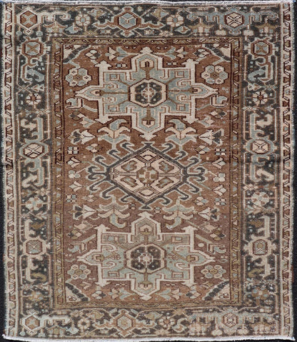 Measures: 3'8 x 4'6 Antique Persian Heriz Rug with Geometric Medallion Design in Mocha, Blue, & Tan. Keivan Woven Arts / rug EN - 14713, country of origin / type: Iran / Heriz, circa 1920 This antique Persian Heriz rug, from northwest Iran, di... - Keivan Woven ArtsEN - 14713 - 21841