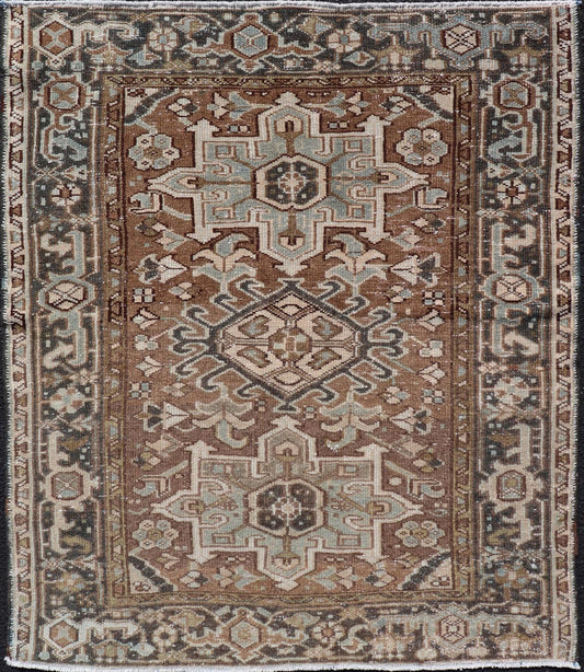 Measures: 3'8 x 4'6 Antique Persian Heriz Rug with Geometric Medallion Design in Mocha, Blue, & Tan. Keivan Woven Arts / rug EN - 14713, country of origin / type: Iran / Heriz, circa 1920 This antique Persian Heriz rug, from northwest Iran, di... - Keivan Woven ArtsEN - 14713 - 21841