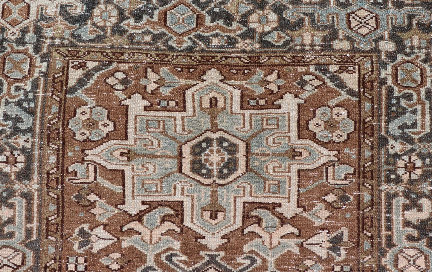 Measures: 3'8 x 4'6 Antique Persian Heriz Rug with Geometric Medallion Design in Mocha, Blue, & Tan. Keivan Woven Arts / rug EN - 14713, country of origin / type: Iran / Heriz, circa 1920 This antique Persian Heriz rug, from northwest Iran, di... - Keivan Woven ArtsEN - 14713 - 21841Rug