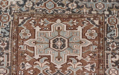 Measures: 3'8 x 4'6 Antique Persian Heriz Rug with Geometric Medallion Design in Mocha, Blue, & Tan. Keivan Woven Arts / rug EN - 14713, country of origin / type: Iran / Heriz, circa 1920 This antique Persian Heriz rug, from northwest Iran, di... - Keivan Woven ArtsEN - 14713 - 21841Rug