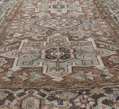 Measures: 3'8 x 4'6 Antique Persian Heriz Rug with Geometric Medallion Design in Mocha, Blue, & Tan. Keivan Woven Arts / rug EN - 14713, country of origin / type: Iran / Heriz, circa 1920 This antique Persian Heriz rug, from northwest Iran, di... - Keivan Woven ArtsEN - 14713 - 21841Rug