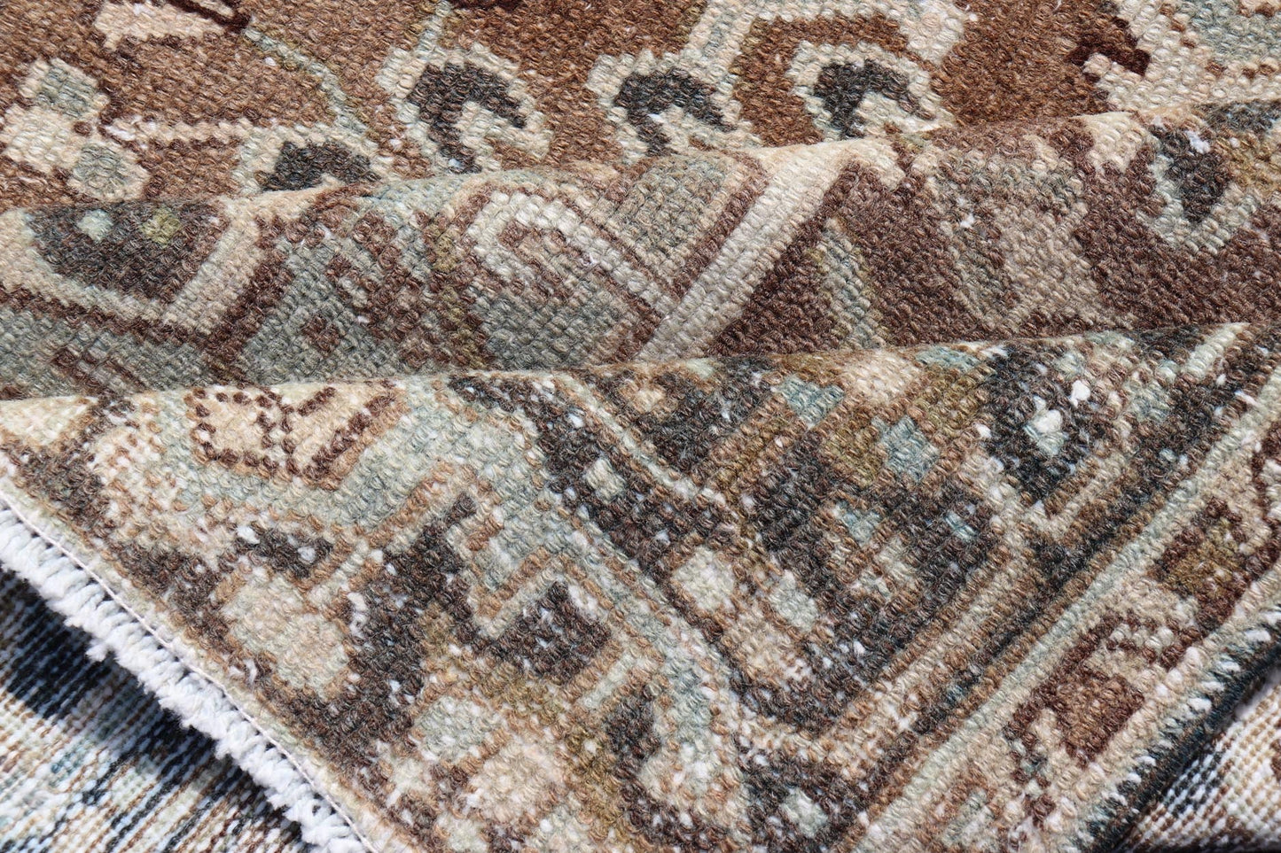 Measures: 3'8 x 4'6 Antique Persian Heriz Rug with Geometric Medallion Design in Mocha, Blue, & Tan. Keivan Woven Arts / rug EN - 14713, country of origin / type: Iran / Heriz, circa 1920 This antique Persian Heriz rug, from northwest Iran, di... - Keivan Woven ArtsEN - 14713 - 21841Rug