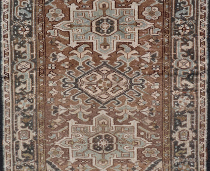 Measures: 3'8 x 4'6 Antique Persian Heriz Rug with Geometric Medallion Design in Mocha, Blue, & Tan. Keivan Woven Arts / rug EN - 14713, country of origin / type: Iran / Heriz, circa 1920 This antique Persian Heriz rug, from northwest Iran, di... - Keivan Woven ArtsEN - 14713 - 21841Rug