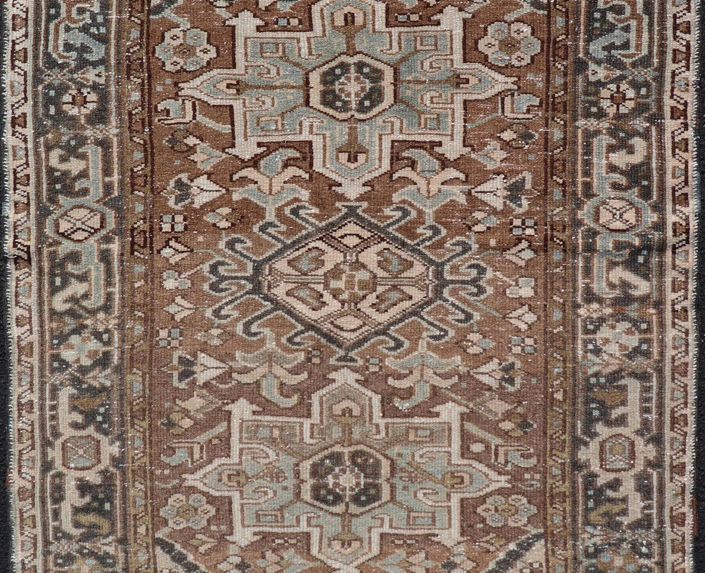 Measures: 3'8 x 4'6 Antique Persian Heriz Rug with Geometric Medallion Design in Mocha, Blue, & Tan. Keivan Woven Arts / rug EN - 14713, country of origin / type: Iran / Heriz, circa 1920 This antique Persian Heriz rug, from northwest Iran, di... - Keivan Woven ArtsEN - 14713 - 21841