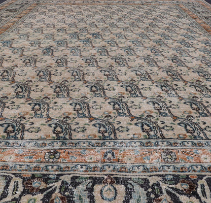 Antique Persian Khorassan Rug with Paisley's In Sub - Geometric Design with Blue. Keivan Woven Arts rug/EN - 14725, origin/ Iran / Khorassan. Measures: 8'0 x 10'10 This spectacular antique finely woven distressed Persian Khorasan from early 20th ce... - Keivan Woven ArtsEN - 14725 - 24754