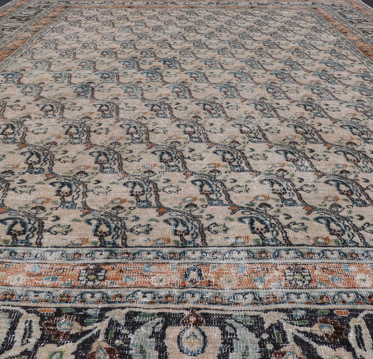 Antique Persian Khorassan Rug with Paisley's In Sub - Geometric Design with Blue. Keivan Woven Arts rug/EN - 14725, origin/ Iran / Khorassan. Measures: 8'0 x 10'10 This spectacular antique finely woven distressed Persian Khorasan from early 20th ce... - Keivan Woven ArtsEN - 14725 - 24754Rug