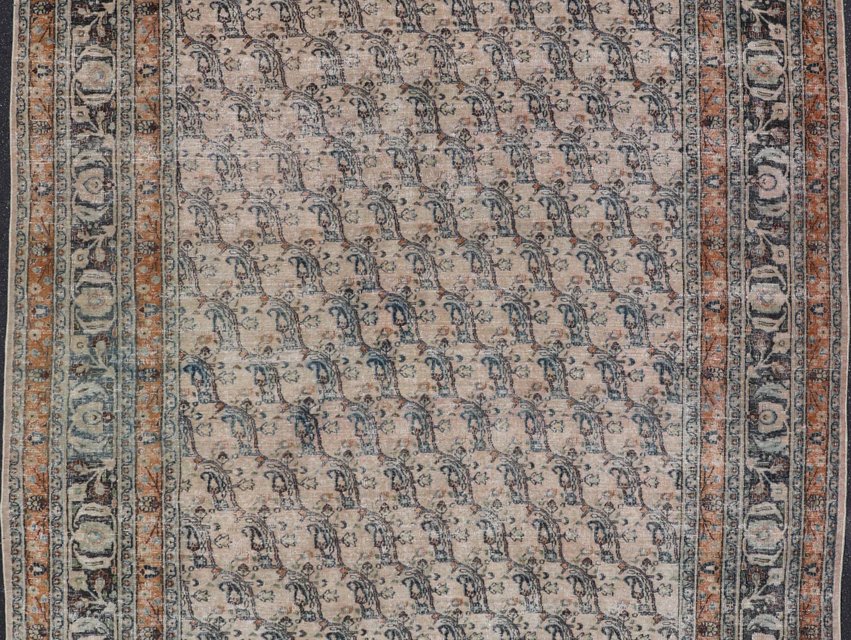 Antique Persian Khorassan Rug with Paisley's In Sub - Geometric Design with Blue. Keivan Woven Arts rug/EN - 14725, origin/ Iran / Khorassan. Measures: 8'0 x 10'10 This spectacular antique finely woven distressed Persian Khorasan from early 20th ce... - Keivan Woven ArtsEN - 14725 - 24754Rug