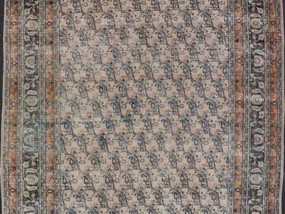 Antique Persian Khorassan Rug with Paisley's In Sub - Geometric Design with Blue. Keivan Woven Arts rug/EN - 14725, origin/ Iran / Khorassan. Measures: 8'0 x 10'10 This spectacular antique finely woven distressed Persian Khorasan from early 20th ce... - Keivan Woven ArtsEN - 14725 - 24754Rug