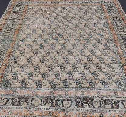 Antique Persian Khorassan Rug with Paisley's In Sub - Geometric Design with Blue. Keivan Woven Arts rug/EN - 14725, origin/ Iran / Khorassan. Measures: 8'0 x 10'10 This spectacular antique finely woven distressed Persian Khorasan from early 20th ce... - Keivan Woven ArtsEN - 14725 - 24754Rug