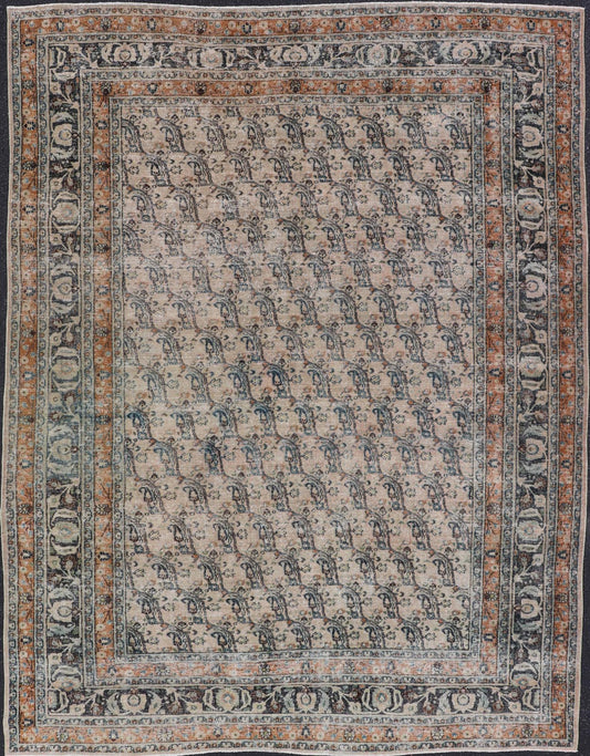 Antique Persian Khorassan Rug with Paisley's In Sub - Geometric Design with Blue. Keivan Woven Arts rug/EN - 14725, origin/ Iran / Khorassan. Measures: 8'0 x 10'10 This spectacular antique finely woven distressed Persian Khorasan from early 20th ce... - Keivan Woven ArtsEN - 14725 - 24754Rug