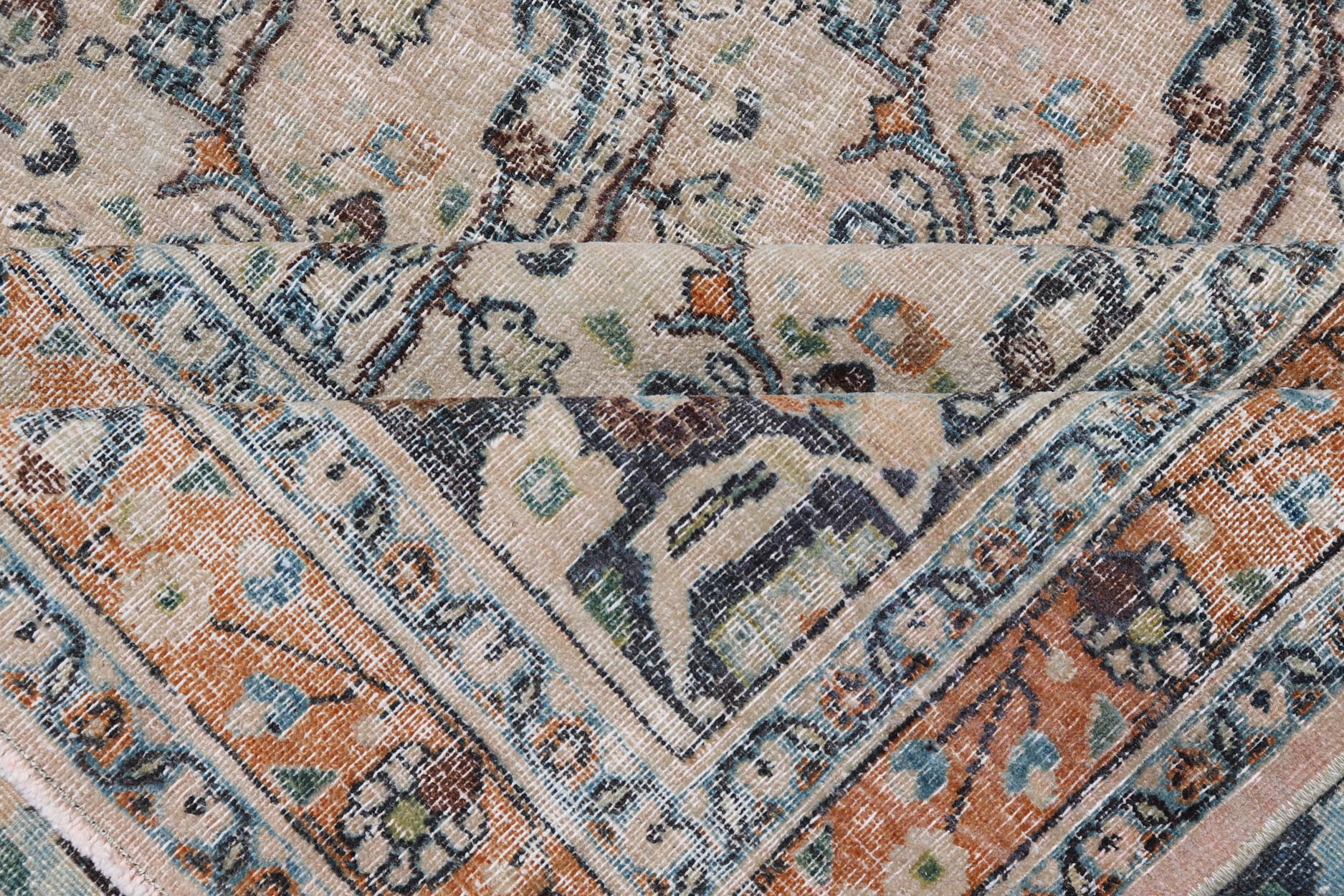 Antique Persian Khorassan Rug with Paisley's In Sub - Geometric Design with Blue. Keivan Woven Arts rug/EN - 14725, origin/ Iran / Khorassan. Measures: 8'0 x 10'10 This spectacular antique finely woven distressed Persian Khorasan from early 20th ce... - Keivan Woven ArtsEN - 14725 - 24754Rug