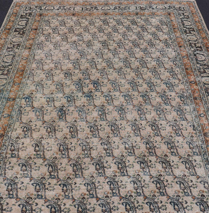 Antique Persian Khorassan Rug with Paisley's In Sub - Geometric Design with Blue. Keivan Woven Arts rug/EN - 14725, origin/ Iran / Khorassan. Measures: 8'0 x 10'10 This spectacular antique finely woven distressed Persian Khorasan from early 20th ce... - Keivan Woven ArtsEN - 14725 - 24754Rug