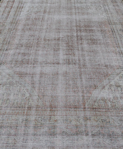 Measures: 8'6 x 13'0 Antique Distressed Persian Mahal Rug With Large Medallion In Muted Colors. Keivan Woven Arts: rug EN - 14762; Persian Mahal antique Rug with Floral Design in orange, green and light brown; Authentic Persian Rug, Antique Mahal Rug... - Keivan Woven ArtsEN - 14762 - 21847Rug