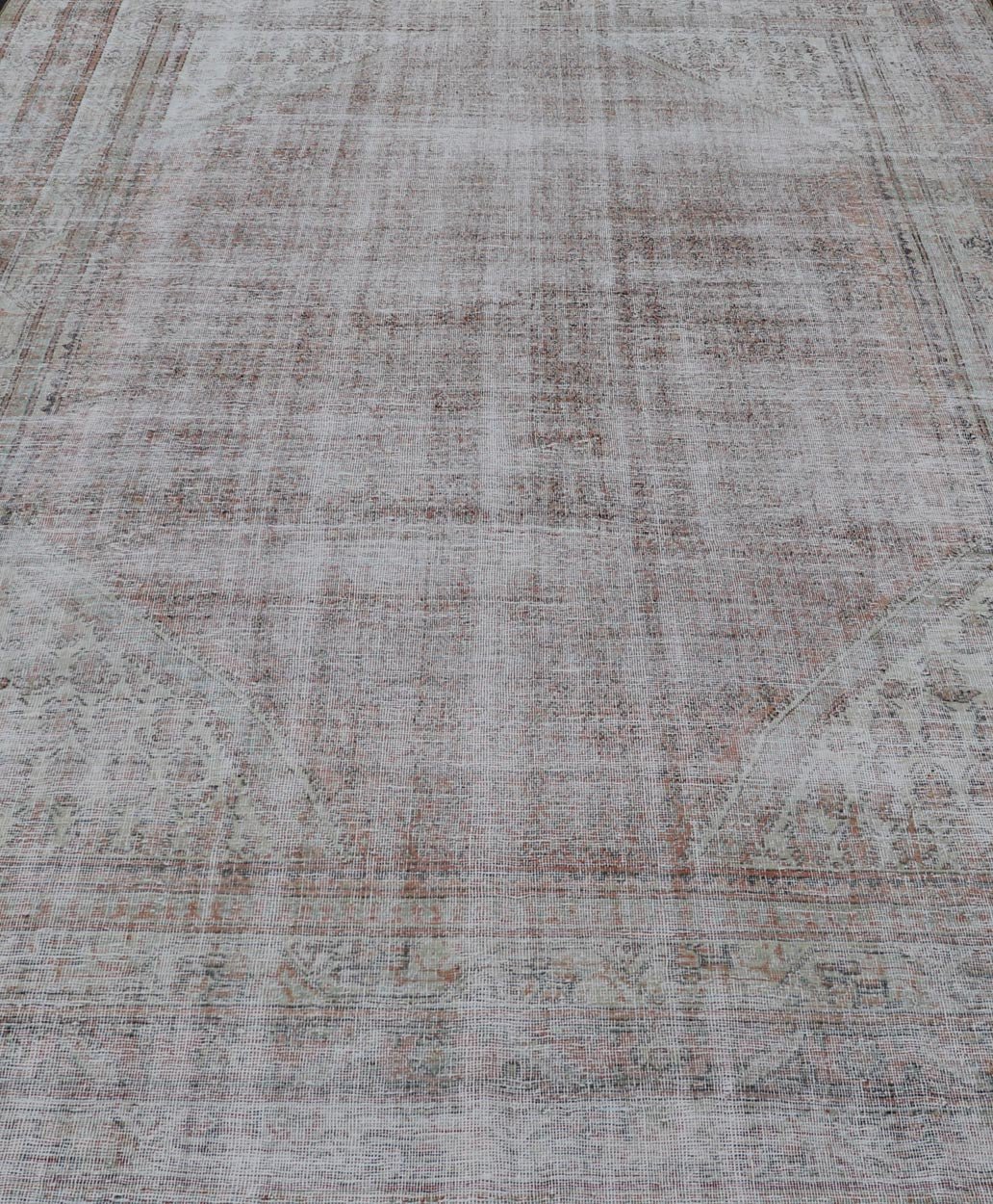 Measures: 8'6 x 13'0 Antique Distressed Persian Mahal Rug With Large Medallion In Muted Colors. Keivan Woven Arts: rug EN - 14762; Persian Mahal antique Rug with Floral Design in orange, green and light brown; Authentic Persian Rug, Antique Mahal Rug... - Keivan Woven ArtsEN - 14762 - 21847