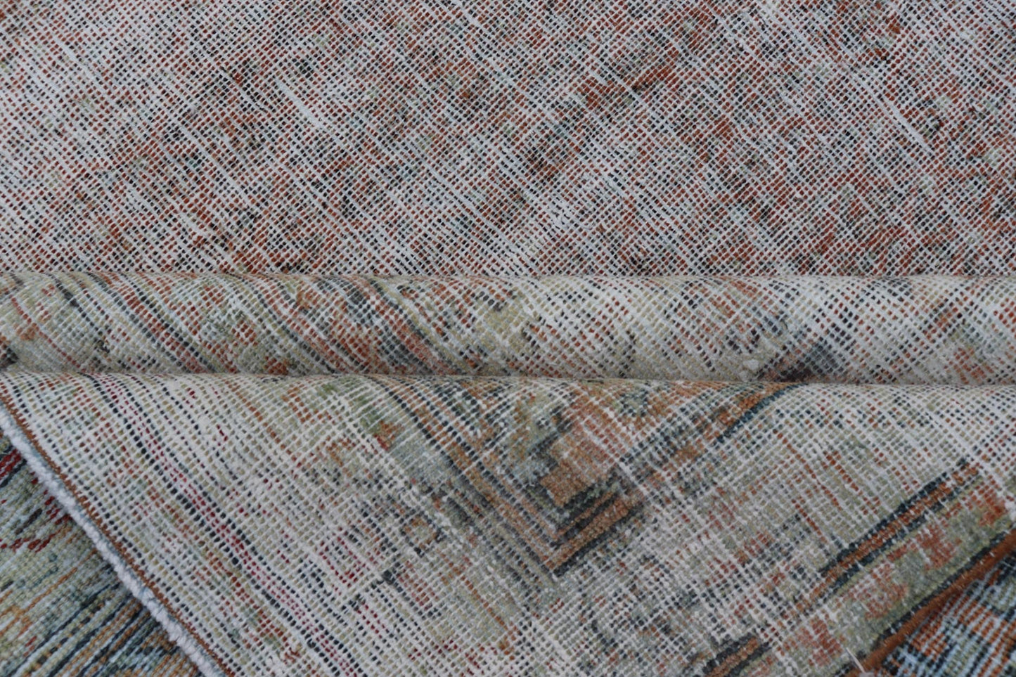 Measures: 8'6 x 13'0 Antique Distressed Persian Mahal Rug With Large Medallion In Muted Colors. Keivan Woven Arts: rug EN - 14762; Persian Mahal antique Rug with Floral Design in orange, green and light brown; Authentic Persian Rug, Antique Mahal Rug... - Keivan Woven ArtsEN - 14762 - 21847Rug