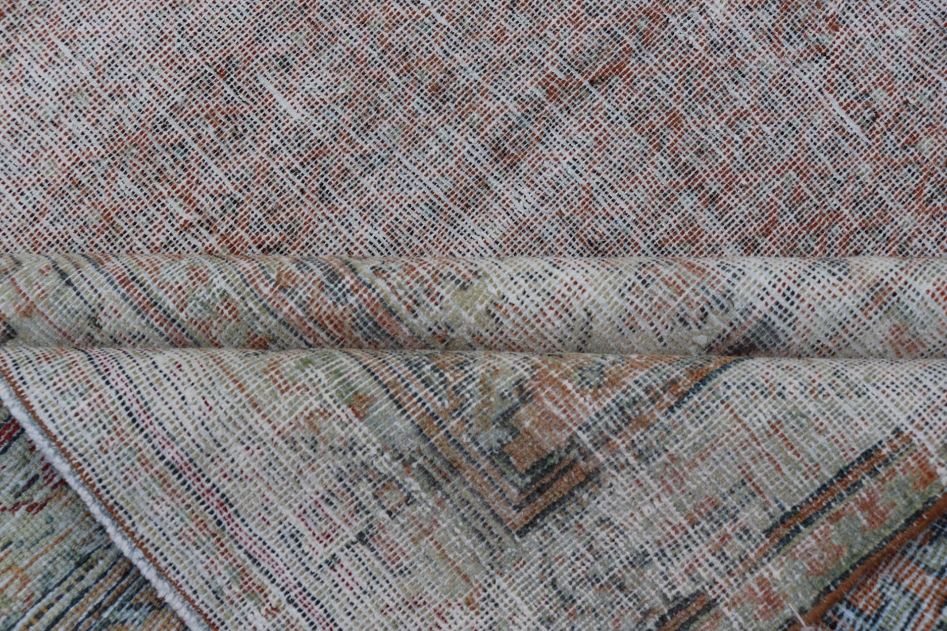 Measures: 8'6 x 13'0 Antique Distressed Persian Mahal Rug With Large Medallion In Muted Colors. Keivan Woven Arts: rug EN - 14762; Persian Mahal antique Rug with Floral Design in orange, green and light brown; Authentic Persian Rug, Antique Mahal Rug... - Keivan Woven ArtsEN - 14762 - 21847Rug