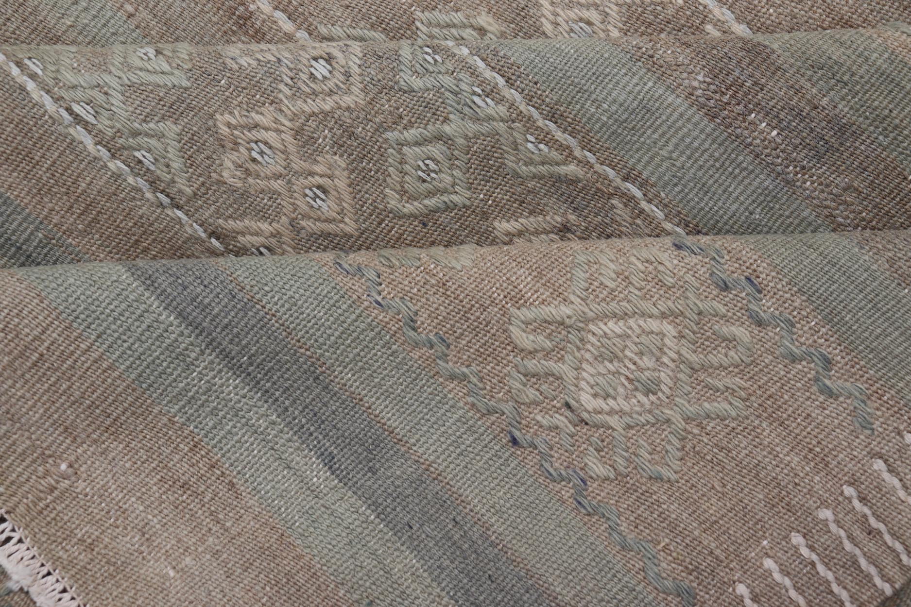 Large Vintage Turkish Kilim with Stripes in Taupe, Green, Tan, Cream and Brown. Keivan Woven Arts / rug EN - 14763, country of origin / type: Turkey / Kilim, circa Mid - 20th Century. Measures: 6'3 x 11'8 This vintage flat - woven Kilim galler... - Keivan Woven ArtsEN - 14763 - 23983Rug
