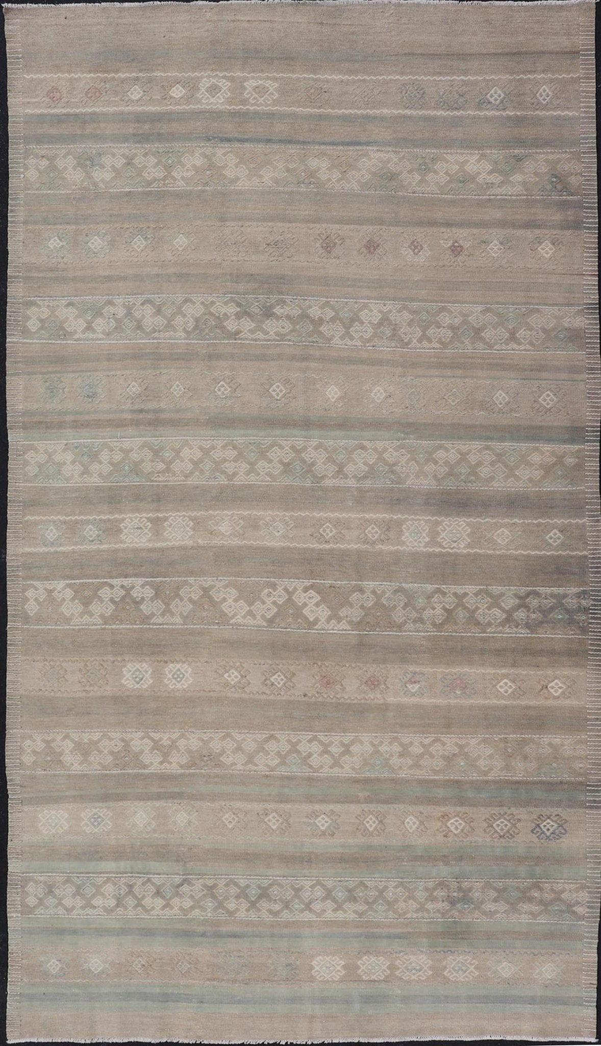 Large Vintage Turkish Kilim with Stripes in Taupe, Green, Tan, Cream and Brown. Keivan Woven Arts / rug EN - 14763, country of origin / type: Turkey / Kilim, circa Mid - 20th Century. Measures: 6'3 x 11'8 This vintage flat - woven Kilim galler... - Keivan Woven ArtsEN - 14763 - 23983Rug