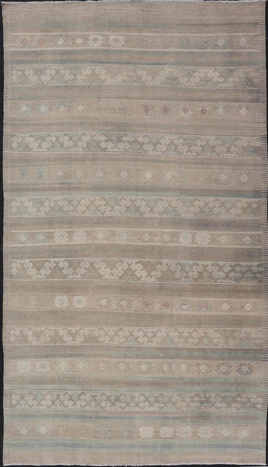 Large Vintage Turkish Kilim with Stripes in Taupe, Green, Tan, Cream and Brown. Keivan Woven Arts / rug EN - 14763, country of origin / type: Turkey / Kilim, circa Mid - 20th Century. Measures: 6'3 x 11'8 This vintage flat - woven Kilim galler... - Keivan Woven ArtsEN - 14763 - 23983Rug