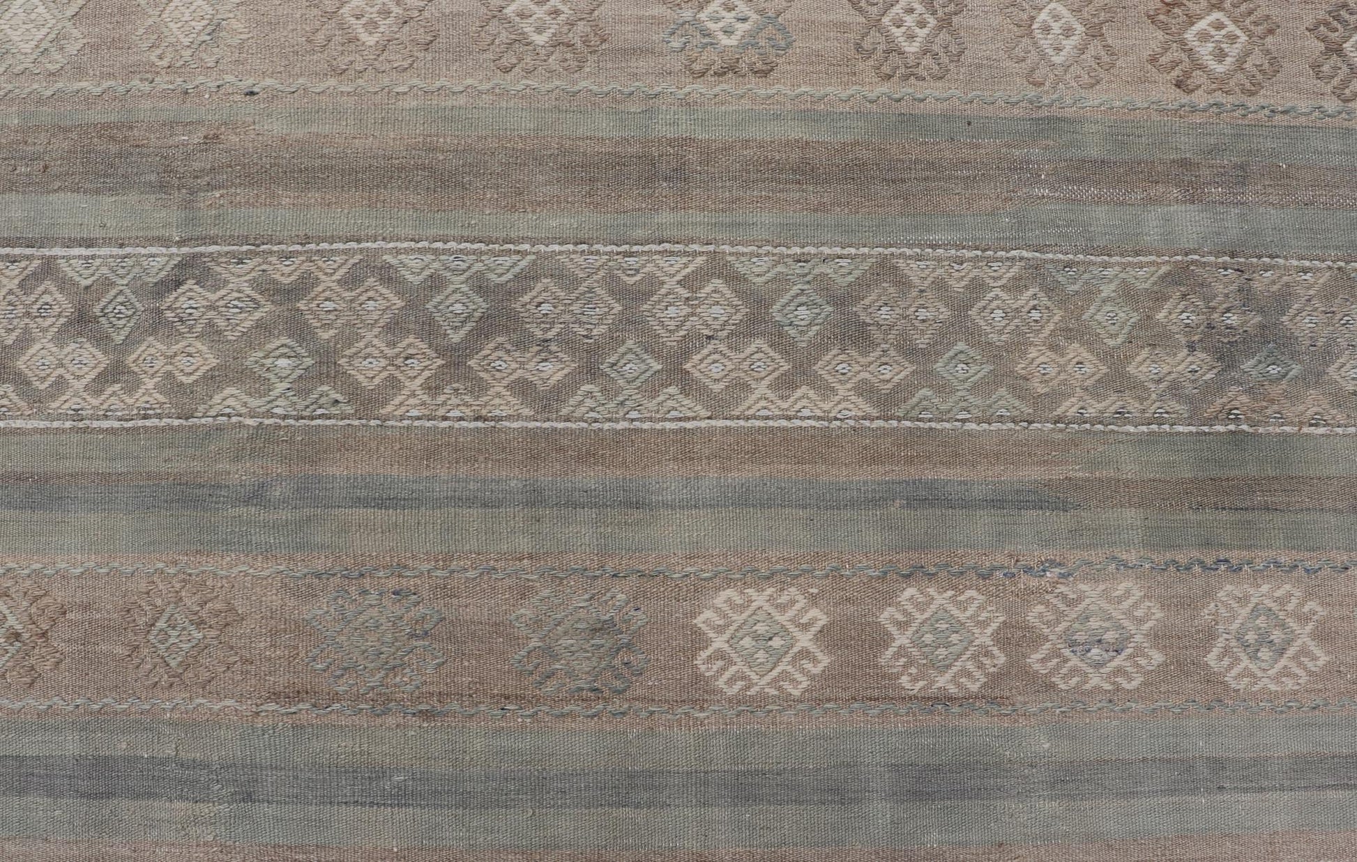 Large Vintage Turkish Kilim with Stripes in Taupe, Green, Tan, Cream and Brown. Keivan Woven Arts / rug EN - 14763, country of origin / type: Turkey / Kilim, circa Mid - 20th Century. Measures: 6'3 x 11'8 This vintage flat - woven Kilim galler... - Keivan Woven ArtsEN - 14763 - 23983Rug