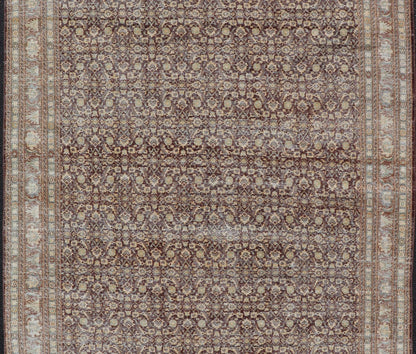 Measures: 6'4 x 9'10 Persian Tabriz Antique Rug in Herati Design In Dark Arginine, Blue, and Tan. Keivan Woven Arts / rug EN - 14794, country of origin / type: Iran / Tabriz, circa 1920. This beautiful early 20th century Persian Tabriz rug has... - Keivan Woven ArtsEN - 14794 - 21853