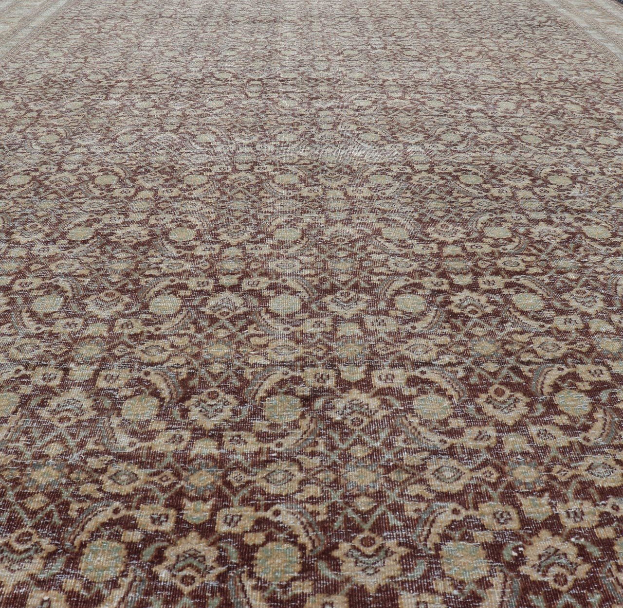 Measures: 6'4 x 9'10 Persian Tabriz Antique Rug in Herati Design In Dark Arginine, Blue, and Tan. Keivan Woven Arts / rug EN - 14794, country of origin / type: Iran / Tabriz, circa 1920. This beautiful early 20th century Persian Tabriz rug has... - Keivan Woven ArtsEN - 14794 - 21853Rug