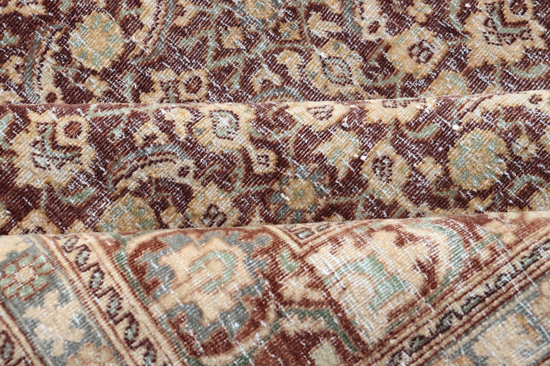 Measures: 6'4 x 9'10 Persian Tabriz Antique Rug in Herati Design In Dark Arginine, Blue, and Tan. Keivan Woven Arts / rug EN - 14794, country of origin / type: Iran / Tabriz, circa 1920. This beautiful early 20th century Persian Tabriz rug has... - Keivan Woven ArtsEN - 14794 - 21853